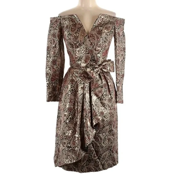 Victor Costa Dresses | Vtg Victor Costa Saks Fifth Avenue Metallic Off-Shoulder Dress Gold Lame Size 10 | Color: Black/Gold | Size: 10 | Victor Costa Dresses | Vtg Victor Costa Saks Fifth Avenue Metallic Off-Shoulder Dress Gold Lame Size 10 | Color: Black/Gold | Size: 10 |